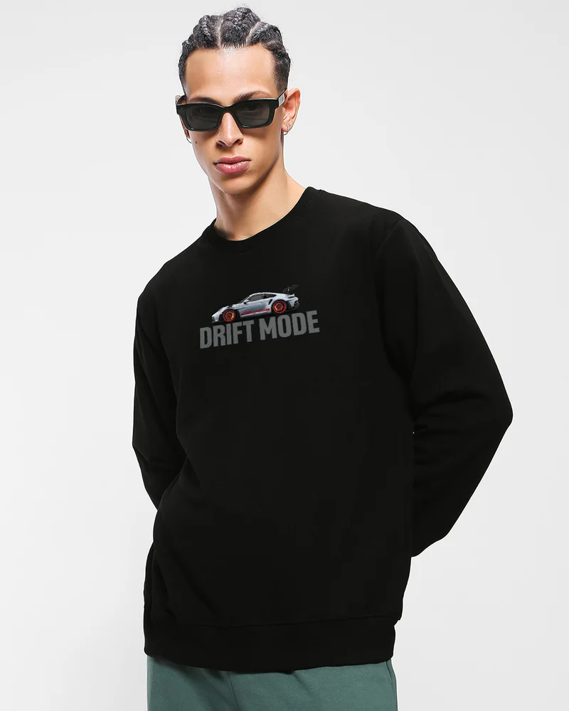 بيواكوف Men's Jet Black Drift Mode Graphic Printed Plus Size Sweatshirt